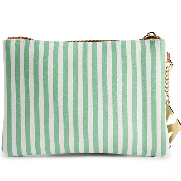 NWT Disney x Minnie Wristlet w/Gold “M” charm & tan strap•Green/white stripe - Picture 4 of 4